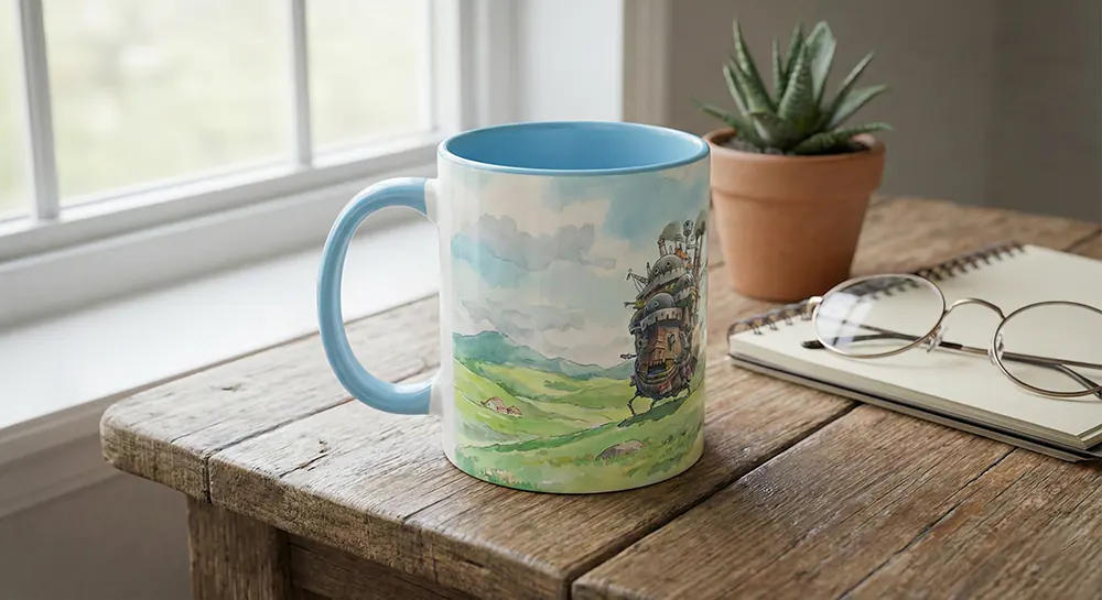 ۱۰ ایده چاپ ماگ برای طرفداران انیمه (طرحهای خاص) 8 تصویری از دشتهای سرسبز قلعه متحرک هاول یا ایستگاه قطار در شهر اشباح.