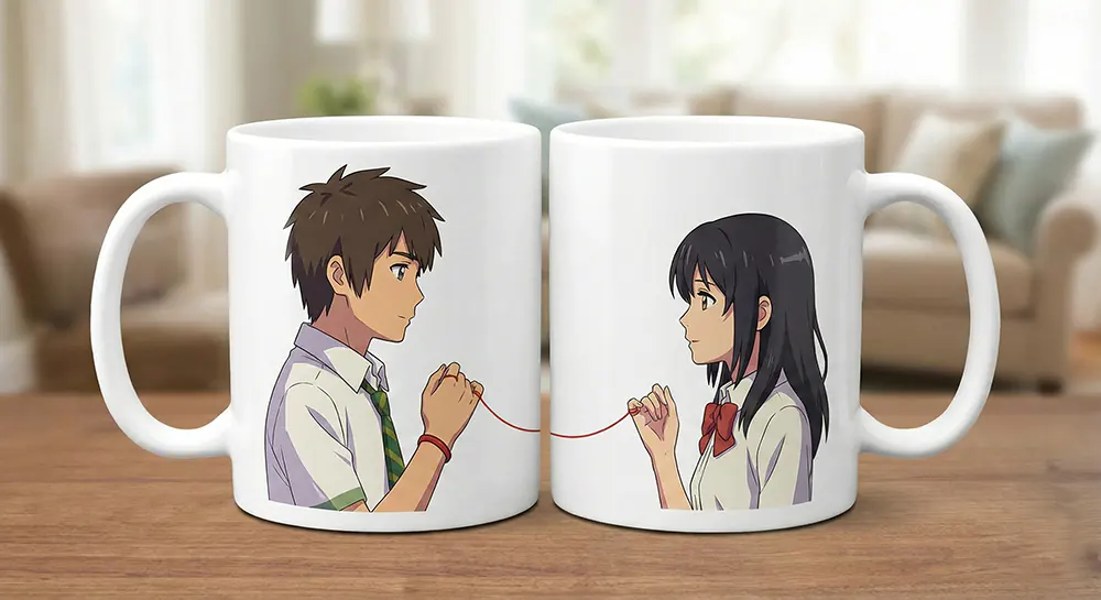 ۱۰ ایده چاپ ماگ برای طرفداران انیمه (طرحهای خاص) 9 ست لوید و یور (Spy x Family) یا میتسوها و تاکی (Your Name)